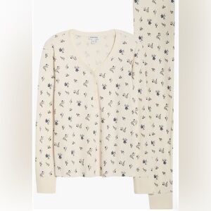 Nordstrom Women's Ivory- Blue Rose Ditsy Cotton Blend Waffle Thermal Pajamas M